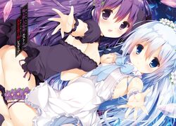  2girls arm_strap arm_up ass blue_bow blue_bowtie blue_eyes blush bow bowtie breasts character_name dress flower hair_between_eyes hair_flower hair_ornament head_wreath highres holding_hands interlocked_fingers long_hair looking_at_viewer lossy-lossless medium_breasts multiple_girls novel_illustration official_art open_mouth parted_lips purple_eyes purple_flower purple_hair restia_ashdoll seirei_tsukai_no_blade_dance shimesaba_kohada short_dress sideboob sleeveless sleeveless_dress small_breasts strapless strapless_dress terminus_est thigh_strap very_long_hair white_dress white_flower white_hair wrist_cuffs 