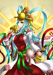  aged_up amaterasu_(p&amp;d) aqua_hair commentary_request female fi-san green_eyes hat highres long_hair puzzle_&amp;_dragons solo 