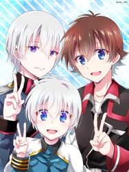  2boys bad_id bad_pixiv_id blue_eyes brown_hair capelet kakumeiki_valvrave kuroki_natsu l-elf male_focus military military_uniform multiple_boys necktie open_mouth purple_eyes smile the_prince_(kakumeiki_valvrave) tokishima_haruto uniform white_hair 