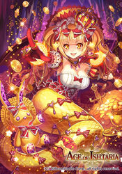  age_of_ishtaria blonde_hair bow bracelet breasts cleavage coin commentary_request company_name copyright_name copyright_notice crown curly_hair fafner_(age_of_ishtaria) female gem gloves jewelry long_hair madopen medium_breasts mermaid monster_girl necklace oerba_yun_fang official_art open_mouth ring sitting sparkle star_(symbol) stuffed_animal stuffed_toy twintails upper_body yellow_eyes 