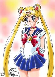  2018 arms_behind_back bishoujo_senshi_sailor_moon blonde_hair blue_eyes bow choker dated double_bun earrings elbow_gloves female gloves highres jewelry kagawa_hisashi long_hair magical_girl red_bow sailor_moon school_uniform serafuku signature smile solo tagme tiara tsukino_usagi twintails 