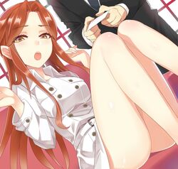  1boy ashu belt brown_hair business_suit commentary_request dress female formal idolmaster idolmaster_cinderella_girls long_hair long_sleeves looking_at_viewer open_mouth sitting suit very_long_hair white_dress yellow_eyes zaizen_tokiko 