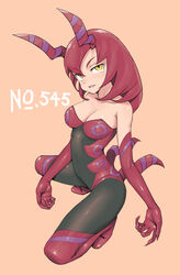  arched_back bare_shoulders blush breasts cleavage collarbone commentary_request covered_nipples elbow_gloves eyelashes eyes_visible_through_hair female fingernails full_body gloves hair_between_eyes head_tilt highres horns light_smile lips long_fingernails long_hair looking_away looking_to_the_side looking_up medium_breasts no_bra orange_background over-kneehighs parted_lips pokedex_number pokemon pokemon_(creature) pokemon_bw red_gloves red_hair red_thighhighs redauto scolipede sharp_fingernails shiny_clothes shiny_skin simple_background slit_pupils solo squatting thighhighs tsurime unitard yellow_eyes 