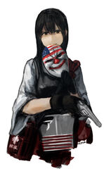  akagi_(kancolle) artist_name black_gloves brown_eyes brown_hair commentary_request crossover dallas_(payday) ergot female first_aid_kit gloves gun handgun japanese_clothes kantai_collection long_hair mask mouth_hold muneate payday_(series) payday_2 revolver simple_background solo unworn_mask weapon 