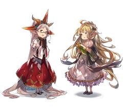  2girls absurdly_long_hair blonde_hair bracelet commentary corn dress glasses gloves granblue_fantasy hairband hanarito harvin jewelry long_hair melissabelle multiple_girls pointy_ears prehensile_hair symbol-only_commentary very_long_hair white_hair zahlhamelina 