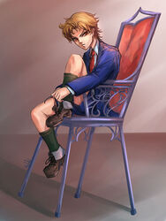  1boy aged_down birthmark blonde_hair chair commentary_request dio_brando ear_birthmark hideki jojo_no_kimyou_na_bouken lolicon male_focus phantom_blood photoshop_(medium) red_eyes shoes shorts sitting solo tying_footwear 