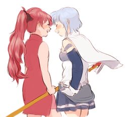  2girls blue_hair cape chadolbaegi commentary_request detached_sleeves dress friends gloves laughing long_hair mahou_shoujo_madoka_magica mahou_shoujo_madoka_magica_(anime) miki_sayaka multiple_girls ponytail red_dress red_hair sakura_kyoko short_dress short_hair skirt sleeveless sleeveless_dress white_background 