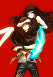  1boy black_hair blue_eyes brown_hair carrying commentary_request female glowing kajiro_miyako katana long_hair nanamura photoshop_(medium) red_eyes short_hair siren_(series) siren_1 suda_kyouya sword weapon 