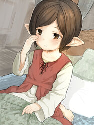  alternate_hair_length alternate_hairstyle arulumaya barefoot bed bed_sheet blanket blush brown_eyes brown_hair collarbone commentary crying crying_with_eyes_open door dutch_angle female granblue_fantasy harvin long_sleeves mole mole_under_eye on_bed parted_lips pillow pointy_ears short_hair sitting solo swept_bangs tears walkalone 