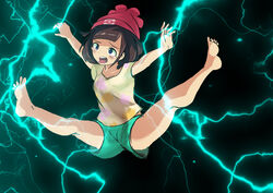  absurdres arms_up barefoot beanie black_background black_hair blue_eyes blush breasts electricity electrocution feet female female full_body green_shorts hat highres mizuki_(pokemon_sm) open_mouth poke_ball_theme pokemon pokemon_(game) pokemon_sm red_hat shirt shirts short_hair short_sleeves simple_background small_breasts solo spread_legs tears tenteco_(covamin) tongue tongue_out yellow_shirt 