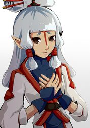  bangs belt blue_shirt bridal_gauntlets brown_eyes chimehara collarbone facial_mark female fingerless_gloves forehead_mark gloves hair_ornament hair_tubes hand_on_own_chest highres jacket long_hair looking_at_viewer npc paya pointy_ears shirt simple_background solo the_legend_of_zelda the_legend_of_zelda:_breath_of_the_wild upper_body white_background white_hair 