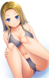  bad_id bad_pixiv_id bikini blonde_hair blue_eyes blush breasts cleavage closed_mouth collarbone commentary dutch_angle female frilled_bikini frills grey_background hand_on_own_leg highres invisible_chair legs looking_at_viewer medium_breasts medium_hair noshimasa original photoshop_(medium) sitting smile solo swimsuit white_background 