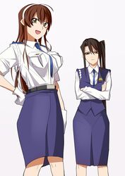  2girls :d ahoge alternate_costume ashigara_(kancolle) baron_(nsbaron) belt between_breasts blue_necktie blue_skirt blue_vest breast_pocket breasts brown_hair closed_mouth collared_shirt commentary_request cosplay crossed_arms feet_out_of_frame gloves hairband hand_on_own_hip high-waist_skirt kantai_collection kobayakawa_miyuki kobayakawa_miyuki_(cosplay) large_breasts light_brown_hair long_hair long_sleeves looking_at_viewer medium_skirt multiple_girls nachi_(kancolle) necktie necktie_between_breasts open_mouth pencil_skirt pocket police police_uniform policewoman shirt short_sleeves side_ponytail simple_background skirt smile standing taiho_shichauzo tsujimoto_natsumi tsujimoto_natsumi_(cosplay) tsurime uniform v-shaped_eyebrows vest white_background white_gloves white_hairband white_shirt wing_collar 