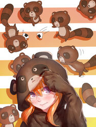  animal_costume bad_id bad_pixiv_id blush cosplay female food gekkan_shoujo_nozaki-kun kigurumi long_hair onigiri orange_hair purple_eyes sakura_chiyo smile solo striped striped_background tanuki tanuki_costume unti_no_azi 