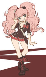  bad_id bad_pixiv_id big_hair boots bow breasts cleavage danganronpa:_trigger_happy_havoc danganronpa_(series) enoshima_junko female grin hair_ornament hairbow heart heart-shaped_pupils knee_boots long_hair medium_breasts middle_finger nail_polish necktie pink_hair school_uniform skirt sleeves_rolled_up smile solo spoilers symbol-shaped_pupils temk twintails 