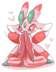  2016 ambiguous_gender antennae_(anatomy) anthro arthropod biped black_eyes blush elemental_creature flora_fauna flower generation_7_pokemon heart_symbol hi_res insects kneeling lurantis negoya nintendo orchid_(flower) plant pokemon pokemon_(species) pseudo_clothing simple_background solo wings 