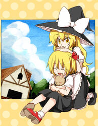  2girls animal animal_hug apron black_dress blonde_hair blue_sky bobby_socks bow braid closed_eyes cloud commentary_request day dress feline forest gimicalmas hair_ribbon hands_on_another&#039;s_head hat hat_bow house interlocked_fingers kirisame_marisa kneeling long_hair mary_janes multiple_girls nature open_mouth puffy_sleeves red_footwear ribbon rumia shoes short_sleeves single_braid sitting sky smile socks touhou waist_apron white_bow witch_hat yellow_eyes 