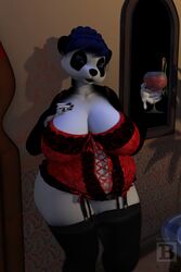  2:3 3d_(artwork) bear beverage big_breasts black_clothing black_garter_belt black_legwear black_nose black_stockings blue_eyes blue_hair blx24 breasts cleavage clothed clothing curvy_figure digital_media_(artwork) female giant_panda hair hi_res holding_beverage holding_cocktail holding_object huge_breasts legwear lingerie looking_at_viewer mammal overweight overweight_female solo stockings teddy_(clothing) thick_thighs voluptuous wide_hips 