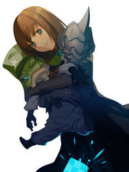  amazora_(terra_battle) armor bad_id bad_pixiv_id black_gloves blue_eyes brown_hair creature cross dress elbow_gloves female gloves hat heart heart-shaped_pupils highres holding hug hug_from_behind looking_at_viewer pauldrons piz&#039;fer_(terra_battle) ribbon short_hair shoulder_armor simple_background smile star_(symbol) symbol-shaped_pupils terra_battle unti_no_azi white_background wince 