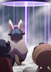  1boy 1other animal_ears commentary_request facing_away female helmet highres made_in_abyss mechanical_arms nanachi_(made_in_abyss) regu_(made_in_abyss) riko_(made_in_abyss) single_mechanical_arm tail uchuu_ika 