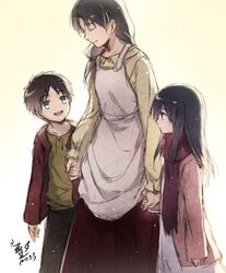  1boy 2girls aged_down apron black_hair brown_hair carla_yeager commentary_request daphine78805 eren_yeager long_hair mikasa_ackerman mother_and_son motherly multiple_girls scarf shingeki_no_kyojin short_hair smile 