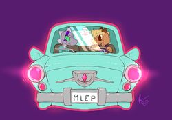  2017 3_fingers anthro blonde_hair blush bovid brown_body brown_eyes brown_fur caprine car clothed clothing duo eye_contact eyewear fingers fur glasses green_eyes green_sclera hair hi_res inside_car jack~d lizard looking_at_another lyle~b male male/male mammal multicolored_body pixel-butts purple_body purple_scales reptile scales scalie shirt simple_background smile spikes spikes_(anatomy) topwear two_tone_body vehicle 