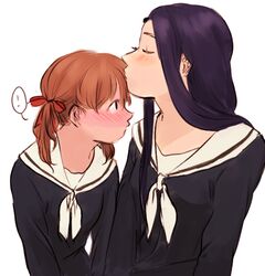  ! 2girls black_hair black_serafuku blush brown_hair chadolbaegi commentary_request fukuzawa_yumi full-face_blush kissing kissing_forehead lillian_girls&#039;_academy_school_uniform long_hair maria-sama_ga_miteru multiple_girls ogasawara_sachiko profile school_uniform serafuku surprise_kiss surprised twintails white_background yuri 