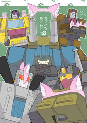  1980s_(style) 5boys animal_ears blast_off_(transformers) brawl_(transformers) cannon cat_ears combaticon commentary_request decepticon green_background insignia looking_at_viewer multiple_boys no_humans onslaught_(transformers) orange_eyes red_eyes retro_artstyle sergeantctrln smile swindle_(transformers) transformers transformers:_generation_1 translation_request vortex_(transformers) weapon white_eyes you&#039;re_doing_it_wrong 