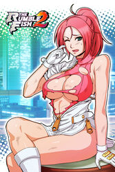  breasts female garnet_(rumble_fish) gloves green_eyes large_breasts legs looking_at_viewer nurse official_art open_mouth pink_hair rumble_fish short_hair sitting solo sweat torn_clothes wink 