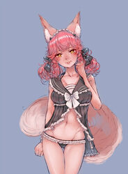  animal_ear_fluff animal_ears archived_source arm_at_side ass_visible_through_thighs black_bow black_panties bow clenched_hand demstouts fate/grand_order fate_(series) female fox_ears fox_girl fox_tail frilled_panties frills grey_background groin hairband hairbow highres midriff navel panties pink_hair short_twintails simple_background solo standing tail tamamo_(fate) tamamo_no_mae_(fate/extra) twintails underwear white_bow yellow_eyes 