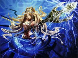  absurdres blonde_hair breasts brown_eyes choker cleavage female floating_hair hair_ornament head_tilt highres holding holding_weapon jewelry long_hair looking_at_viewer medium_breasts mermaid monster_collection monster_girl navel necklace polearm solo tachikawa_mushimaro underwater very_long_hair weapon 