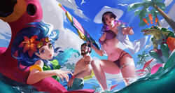  2girls :p armband ball beachball beard bikini bird blue_hair blue_sky breasts brown_hair caitlyn_(league_of_legends) chest cleavage commentary day facial_hair flamingo flower green_eyes green_swimsuit hair_flower hair_ornament hat headphones heterochromia highres lao_wang league_of_legends malcolm_graves male_swimwear moustache multiple_boys multiple_girls navel open_clothes outdoors partially_submerged pointing pointing_at_viewer pool pool_party_caitlyn pool_party_graves pool_party_renekton pool_party_zoe poolside purple_eyes purple_hair renekton sharp_teeth shirtless sitting sky sunglasses swim_trunks swimsuit swimwear tank_top teeth tongue tongue_out tree water water_gun zoe_(league_of_legends) 