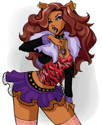  alternative_fashion bottomwear breasts brown_hair canid canine clawdeen_wolf cleavage clothed clothing collar digital_media_(artwork) drag_(fashion) drag_queen ear_piercing eye_spots eyeshadow female fishnet_clothing gyaru hair j-fashion jewelry legwear light_eyelids light_eyeshadow lips looking_at_viewer makeup mammal mattel miniskirt monster_high mythological_canine mythological_creature mythology necklace pattern_clothing piercing rock_gyaru skirt solo striped_clothing stripes thick_thighs tongue unknown_artist were werecanid werecanine werewolf y2k_(fashion) yellow_eyes 