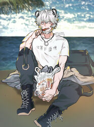  1boy animal_ears arknights artist_name bag bags_under_eyes bandaid bandaid_on_hand beach bear_boy bear_ears bishounen boots day eating english_commentary food grey_eyes highres jaye_(arknights) jaye_(elite_ii)_(arknights) jewelry male_focus necklace otenjou ring ring_necklace scar shirt short_hair sitting solo watermark white_hair white_shirt 