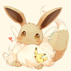  :3 blush brown_eyes closed_mouth commentary_request eevee heart highres looking_at_viewer no_humans one_eye_closed pikachu pokemon pokemon_(creature) smile ushiina 