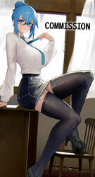  black-framed_eyewear blue_eyes blue_hair blue_neckwear breasts chair classroom closed_mouth collared_shirt commentary commission curtains desk english_commentary female glasses hair_between_eyes hair_bun high_heels highres hiragana_oufu holding large_breasts long_sleeves looking_at_viewer miniskirt on_desk original pencil_skirt ruler school shirt sidelocks single_hair_bun sitting skirt smile solo teacher thighhighs thighs white_shirt window zettai_ryouiki 