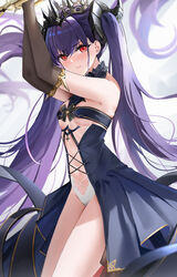  arms_up azur_lane blush breasts closed_mouth clothing_cutout crown dress elbow_gloves felix_schultz_(azur_lane) female gloves highres horns long_hair looking_at_viewer navel purple_hair qing_wu red_eyes showgirl_skirt sleeveless sleeveless_dress small_breasts solo stomach_cutout thorns twintails very_long_hair 