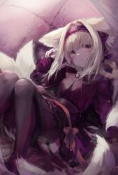  animal_ear_fluff animal_ears arknights black_hairband blonde_hair braid braided_hair_rings commentary english_commentary female fox_ears fox_girl fox_tail frilled_skirt frills garter_straps hair_intakes hair_rings hairband hand_up highres kitsune knees_together_feet_apart looking_at_viewer mixed-language_commentary parted_lips purple_shirt purple_skirt red_eyes shirt sidelocks skirt solo suzuiro_(chocolatte) suzuran_(arknights) tail thighhighs 