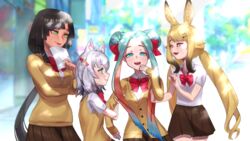  4girls absurdres animal_ears anon_non anon_non_(artist) aqua_eyes aqua_hair black_hair blonde_hair blue_eyes braid braided_bun braided_hair_rings clip_studio_paint_(medium) closed_eyes dark_skin fish_girl gradient_hair grey_hair hair_bun hair_ornament hairclip height_difference highres kamizuki_naki monster_girl multicolored_hair multiple_girls nagare_sara notched_ear painting_(action) prism_project rabbit_ears rabbit_girl school_uniform streaked_hair ushio_sumi virtual_youtuber wolf_ears wolf_girl 