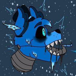  1:1 animatronic blue_body blue_eyes blue_fur canid canine clothing eyebrows fan_character five_nights_at_freddy&#039;s frost frozen fur happy hat headgear headshot_portrait headwear ice icicle low_res machine mammal metal portrait raised_eyebrows robot scottgames sharp_teeth solo teeth yaoilover113 