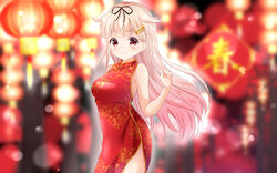  bare_arms bare_shoulders black_ribbon blurry blurry_background blush breasts china_dress chinese_clothes closed_mouth commentary_request depth_of_field dress female hair_flaps hair_ornament hair_ribbon hairclip hand_up highres inahori kantai_collection lantern large_breasts light_brown_hair long_hair looking_at_viewer paper_lantern red_eyes ribbon sleeveless sleeveless_dress smile solo very_long_hair yuudachi_(kancolle) yuudachi_kai_ni_(kancolle) 