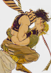  2boys bare_shoulders battle_tendency black_hair blonde_hair blush caesar_anthonio_zeppeli carrying carrying_person crop_top facial_mark feather_hair_ornament feathers fingerless_gloves gloves green_eyes hair_ornament headband highres jojo_no_kimyou_na_bouken joseph_joestar joseph_joestar_(young) kissing leg_lock male_focus midriff mogy88428 multiple_boys scarf shirt striped_clothes striped_scarf t-shirt triangle_print yaoi 