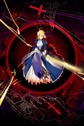  absurdres ahoge aokiku armor armored_dress artoria_pendragon_(all) bangs blonde_hair blue_eyes braid cross dark_background dress excalibur_(fate/stay_night) fate/grand_order fate/zero fate_(series) female hair_ribbon highres holding holding_sword holding_weapon looking_at_viewer ribbon saber short_hair sword weapon 