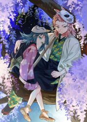  1boy aqua_eyes black_hair closed_mouth commentary female floral_print fox_mask haori in_tree japanese_clothes kimetsu_no_yaiba kimono long_hair long_sleeves makomo_(kimetsu) mask mask_on_head pink_hair sabito_(kimetsu) scar scar_on_cheek scar_on_face sitting sitting_in_tree tree wide_sleeves yinghuo 