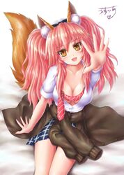  :d animal_ear_fluff animal_ears blush breasts brown_jacket cleavage clothes_around_waist collarbone commentary english_commentary eyelashes fate/extella fate/extra fate_(series) female fox_ears fox_girl fox_tail heart heart_print highres jacket jacket_around_waist jihadangel large_breasts long_hair looking_at_viewer miniskirt necktie official_alternate_costume open_clothes open_mouth open_shirt outstretched_arm outstretched_hand partially_unbuttoned pink_hair pink_necktie plaid plaid_skirt reaching reaching_towards_viewer school_uniform shirt short_sleeves sidelocks signature sitting skirt smile solo tail tamamo_(fate) tamamo_no_mae_(fate/extra) tamamo_no_mae_(jk)_(fate) tongue twintails unbuttoned unbuttoned_shirt white_background white_shirt yellow_eyes 