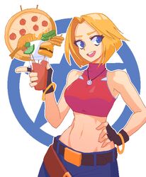  :d belt blonde_hair blue_eyes blue_mary breasts burger commentary crop_top cup fatal_fury female fingerless_gloves food french_fries fruit gloves hand_on_own_hip hcnone highres holding holding_cup lime_(fruit) lime_slice midriff navel short_hair simple_background smile solo standing the_king_of_fighters 