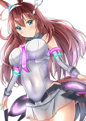  animal_ears bad_id bad_pixiv_id bare_shoulders blue_eyes blush body_blush breasts brown_hair closed_mouth covered_navel detached_sleeves female hair_ornament hairband highres horse_ears horse_girl horse_tail large_breasts leotard long_hair long_sleeves looking_at_viewer microskirt mihono_bourbon_(umamusume) simple_background skirt solo sunsun2812 tail umamusume white_background white_leotard white_skirt 