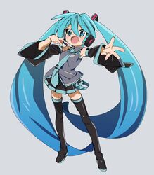  aqua_eyes aqua_hair aqua_necktie bare_shoulders black_skirt black_sleeves black_thighhighs boots detached_sleeves female full_body grey_background grey_shirt hair_ornament hand_on_headset hatsune_miku headphones headset long_hair looking_at_viewer miniskirt necktie open_mouth outstretched_arm pleated_skirt protected_link reaching reaching_towards_viewer satou_asuka shirt skirt sleeveless sleeveless_shirt smile solo standing thigh_boots thighhighs twintails very_long_hair vocaloid zettai_ryouiki 