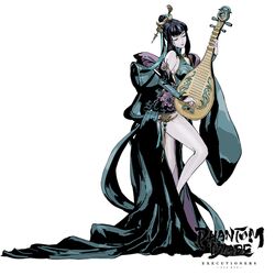  artist_request black_hair closed_eyes clothing_cutout detached_sleeves dress dress_flower female full_body green_dress hair_bun hair_ornament instrument long_skirt music phantom_blade_(game) playing_instrument shoulder_cutout skirt solo sprite xianzhe_(phantom_blade) 