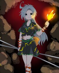  ahoge black_shirt black_skirt blue_eyes closed_mouth commentary_request crop_top female grey_hair highres himemushi_momoyo holding holding_torch long_hair looking_at_viewer midriff multiple_bows navel rock shirt short_sleeves skirt smile solo standing torch touhou zabuton_(mgdw5574) 